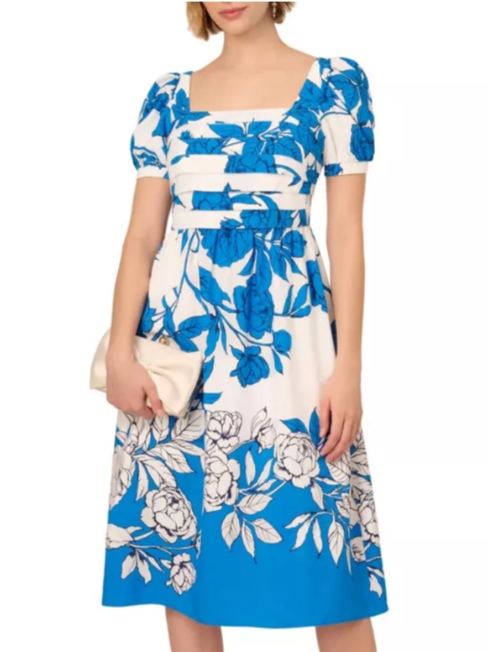 Adrianna Papell 12 Women's Floral-Print Square-Neck A-Line Smocked Midi Dress
